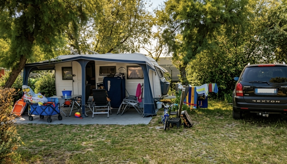 Emplacement ombragé avec caravane sous les arbres