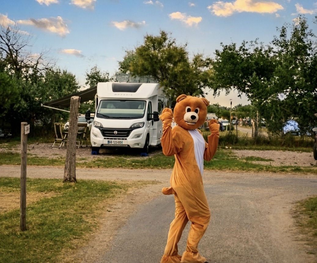 Mascotte Teddy l'ours accueille les vacanciers